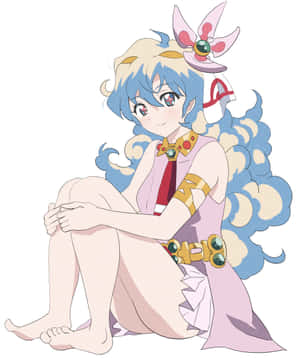 藍色和金色頭髮的動漫女孩，穿著粉紅色服裝，配有金色配飾，盤腿而坐。 — Galaxy Z Fold 壁紙
