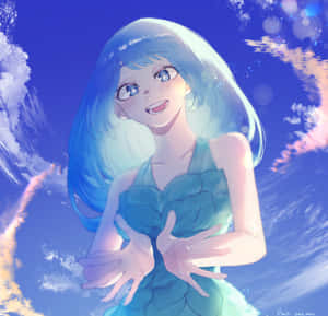 藍色頭髮和連衣裙的動漫女孩在發光的天空下微笑。