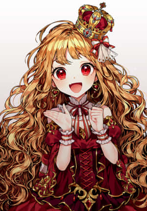 戴著皇冠和紅色連衣裙的動漫女孩開心地微笑 — 女王 GIF 壁紙