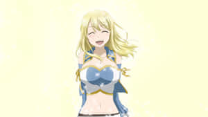 金髮動漫女孩穿著藍金色服裝，閃閃發光地笑著。 — 妖精尾巴 壁紙