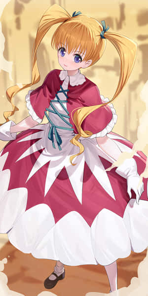 動漫女孩穿著紅白連衣裙，雙馬尾微笑 — 獵人 壁紙