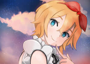 金髮紅蝴蝶結的動漫女孩在星空暮色下微笑。 — 黃昏 壁紙