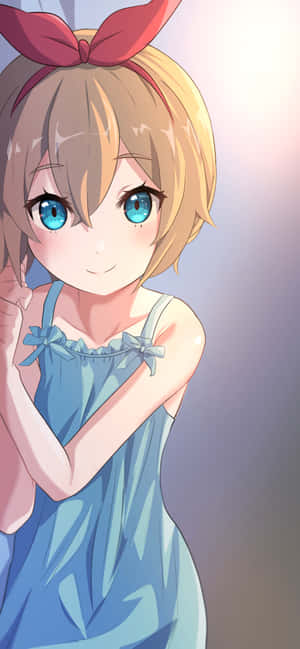 動漫女孩穿著藍色連衣裙和紅色蝴蝶結溫柔地微笑 — 1290x2796 壁紙