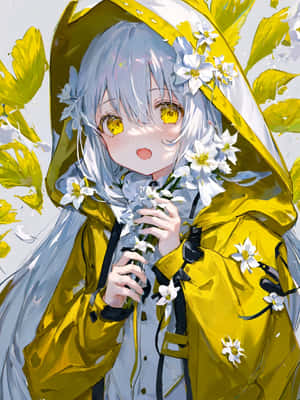 動漫女孩穿著黃色雨衣，手持白色花朵，銀色頭髮和金色眼睛。 — 雨天 壁紙