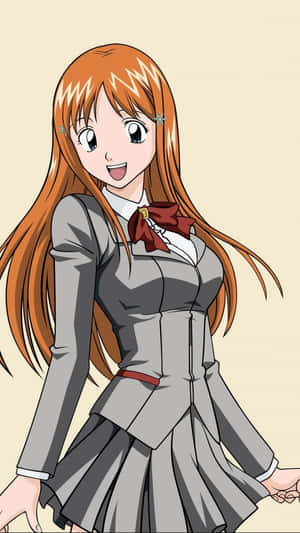 動漫女孩穿著校服，橙色頭髮，燦爛微笑。 — 伊之助 GIF 壁紙