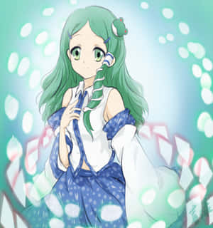 綠色長髮戴青蛙飾品的動漫女孩，閃閃發光的青綠色背景 — Honor Magic V Flip 2 壁紙