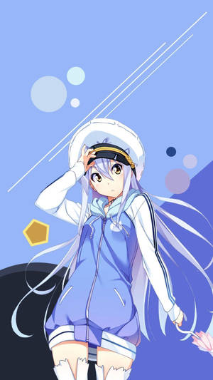 動漫女孩穿著水手服在藍色背景上揮手，伴有浮動形狀 — 可愛動漫女仔 壁紙