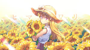 戴草帽的動畫女孩在陽光明媚的田野中捧著向日葵。 — 可愛動漫女仔 壁紙