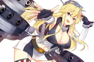 穿著水手服的動漫女孩與艦炮合影。 — 可愛動漫女仔 壁紙