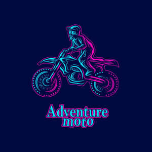 深藍色背景上帶有「Adventure moto」文字的霓虹電單車手圖形。 — 越野車 壁紙