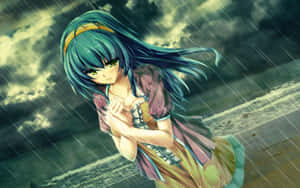動漫女孩在雨中沙灘上露出痛苦表情 — Steam Deck OLED 壁紙