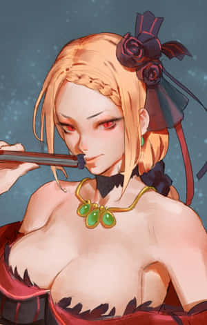 橙色頭髮紅色眼睛的動漫女性在星空下吹奏長笛。 — Honor Pad X8b 壁紙