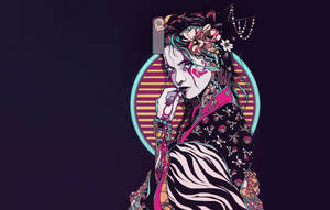 動漫女性，花卉頭髮和骷髏圖案服裝，背景為條紋圓形。 — 插畫 壁紙