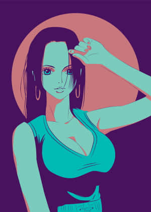 青綠色皮膚、深色頭髮的動漫女性，在紫色背景前將手靠近臉部擺姿勢。 — IQOO Pad5c 壁紙