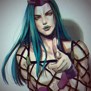 青綠色頭髮的動漫女性穿著網狀服裝，戴著紫色帽子指向觀眾。 — 可愛火影忍者 壁紙
