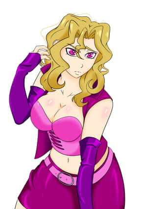 金髮粉紅眼睛的動漫女性，穿著紫色服裝。 — iPad Air 11 壁紙