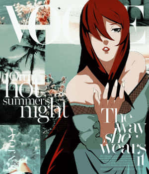 動漫紅髮女性在帶有熱帶場景的Vogue雜誌封面拼貼上。 — 小米Mix Flip 2 壁紙