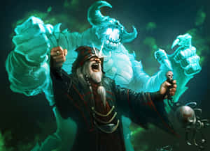 一位巫師在黑暗奇幻戰鬥場景中召喚一個發光的冰魔像。 — 魔法 GIF 壁紙