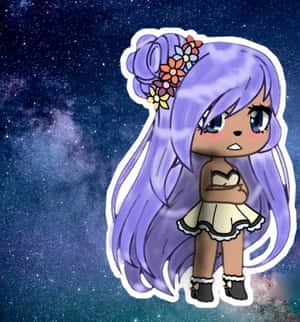 紫髮戴花冠的Q版動漫女孩站在繁星太空中。