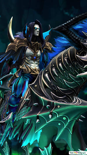 奇幻戰士在深藍色環境中騎著帶刺的綠色龍。 — 遊戲 壁紙
