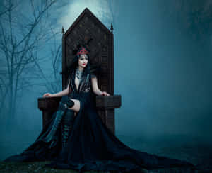 一位黑衣女王在夜晚的霧林裡坐在王座上。 — 女王 GIF 壁紙