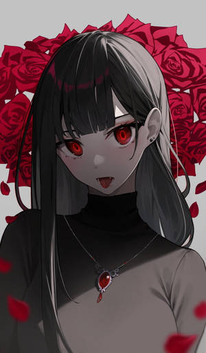 動漫女孩，紅色眼睛，身後有玫瑰，戴著紅色吊墜。 — 可愛動漫女仔 壁紙