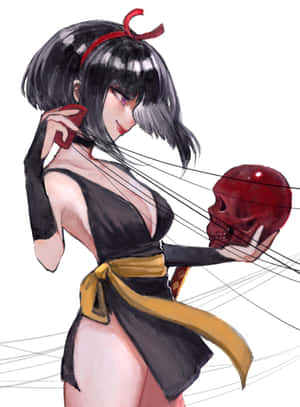 動漫女孩在黑暗場景中用繩子控制一個紅色頭骨。 — Kindle 壁紙