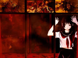 動漫少女穿校服按手在窗上，身後惡魔形象在紅色房間中旋轉。 — 恐怖電影 壁紙