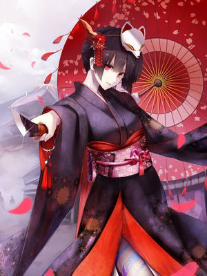 動漫少女身穿和服，手持武士刀和狐狸傘，櫻花飄落。 — 動漫女孩 壁紙