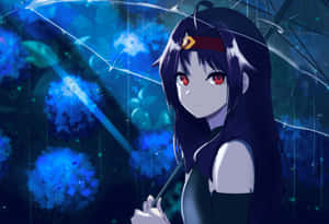 紅眼動漫女孩在夜晚發光的藍色雨中撐傘。 — 刀劍神域 GIF 壁紙