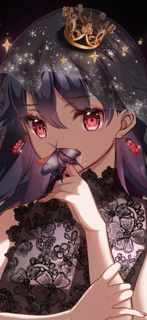 紅眼戴皇冠的動漫女孩在星空下捧著蝴蝶。 — 靚靚動畫 壁紙