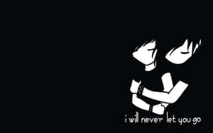 兩個剪影人物在黑色背景上緊緊擁抱，並帶有文字 i will never let you go。 — 浪漫愛情 壁紙