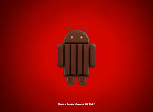 由Kit Kat朱古力棒製成的Android吉祥物，紅色背景附有標語。 — 糖果 GIF 壁紙