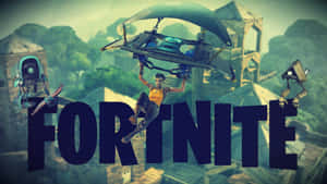 Fortnite角色用滑翔機同機械人喺綠色島嶼上空飛翔 — Fortnite 造型 壁紙