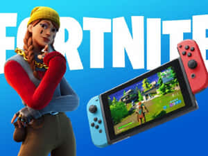 Fortnite角色在Nintendo Switch旁邊，顯示遊戲內場景。 — 遊戲 壁紙