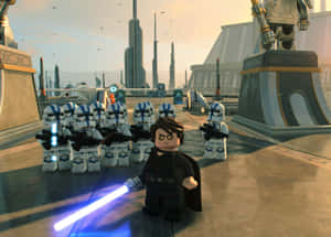 LEGO安納金·天行者手持藍色光劍喺科幻城市中面對複製人兵。