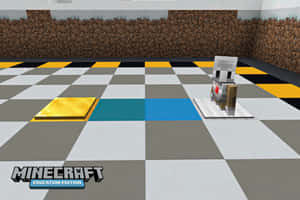 Minecraft Education Edition骷髏站在棋盤格地板上，帶有金塊。 — MacBook Air 13 壁紙