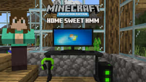 Minecraft Education Edition角色喺一個像素化嘅木房間入面，有電腦同耳機。