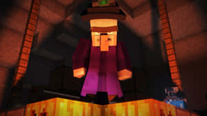 黑暗石室中的Minecraft女巫，有發光的火炬和熾熱的大鍋。 — 女巫 GIF 壁紙
