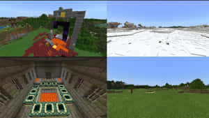 四個Minecraft場景：地獄傳送門、雪地平原、地獄傳送門房間、草地。 — 我的世界 壁紙