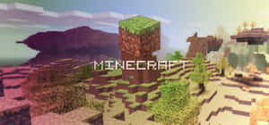 Minecraft塊狀景觀，有樹木和一個泥土塔，在粉彩天空下。 — 超寬螢幕 壁紙