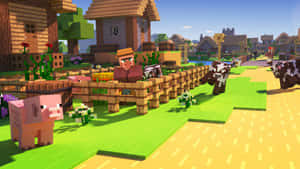 Minecraft村民同豬同牛喺一個陽光普照嘅村莊，有方塊屋同綠色草地。 — 我的世界 壁紙