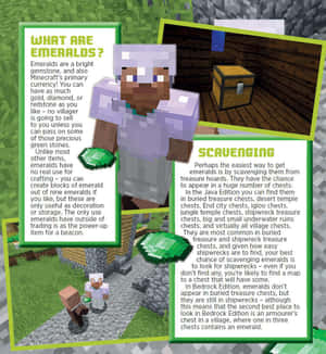 Minecraft指南頁面，顯示村民、綠寶石以及關於綠寶石用途和在哪裡找到它們的文字。 — Galaxy Z Flip 8 壁紙