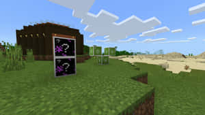 Minecraft村莊，在藍天下的草地上有方塊狀房屋和標誌。