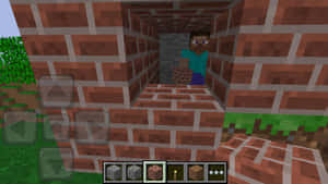 Minecraft玩家喺磚隧道入面揸住磚塊，外面有草。