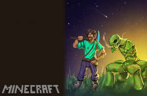 Minecraft玩家在夜晚手持劍面對綠色殭屍 — 型格 Minecraft 壁紙