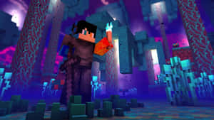 Minecraft角色在地獄堡壘中手持火炬和劍