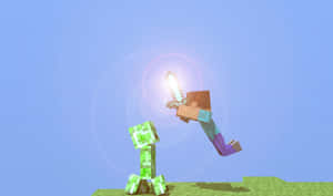 Minecraft玩家用發光劍攻擊草地上嘅爬行者。 — 抽象藝術 壁紙