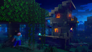 夜晚在像素化森林中發光樹屋附近的Minecraft角色。 — 女巫 GIF 壁紙