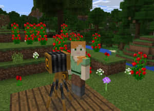 Minecraft角色與三腳架上的相機，在一個有紅色花朵和溪流的像素化森林中。